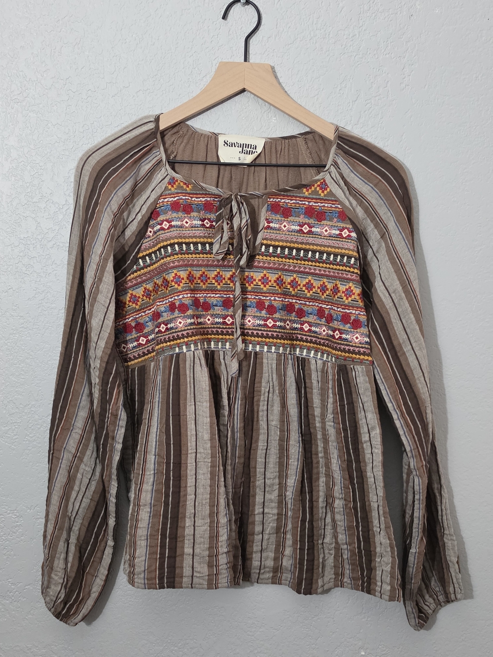 Savanna Jane Boho Striped Embroidered Top Brown 100% Cotton Womens Small
